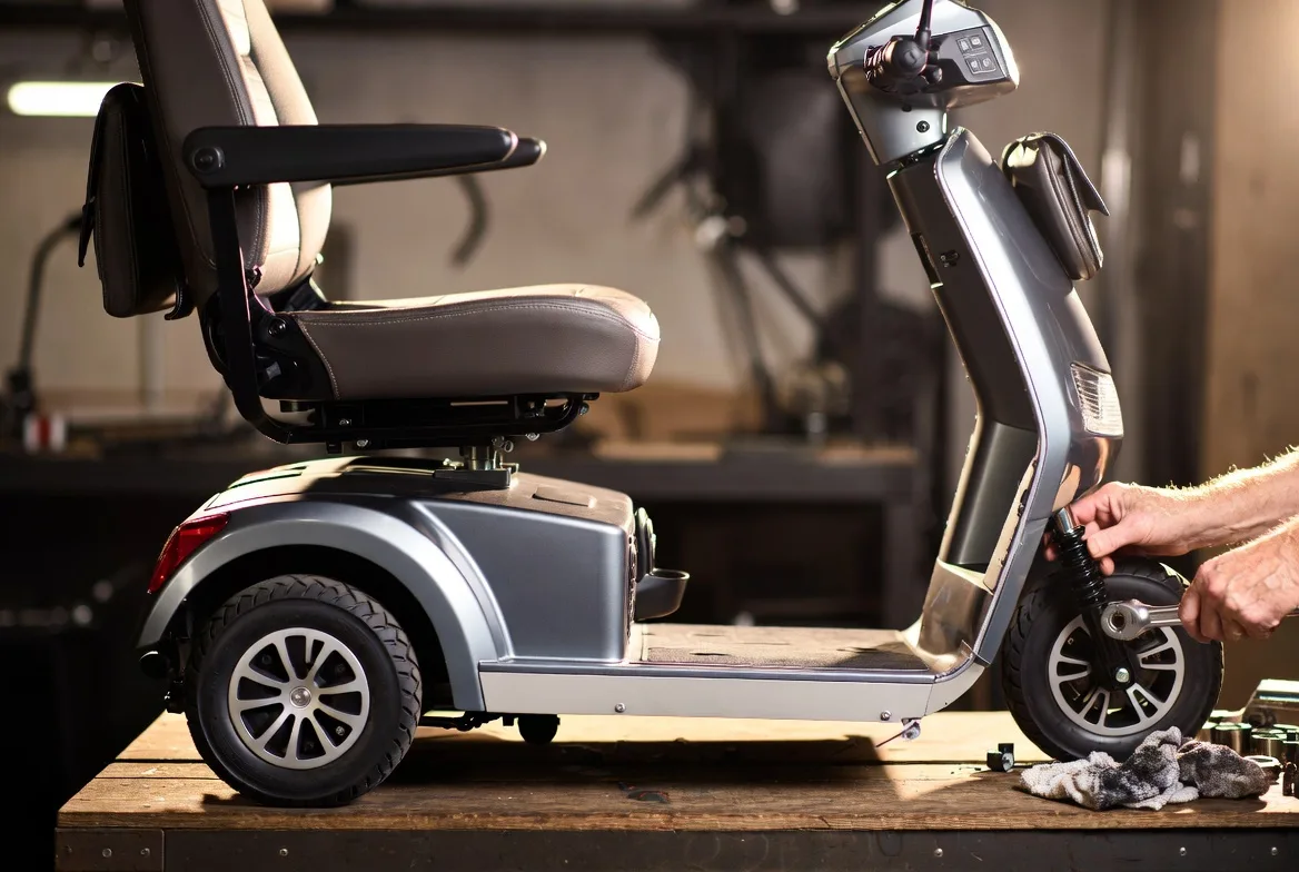 A mobility scooter on a workshop bench with an engineer fitting a front wheel